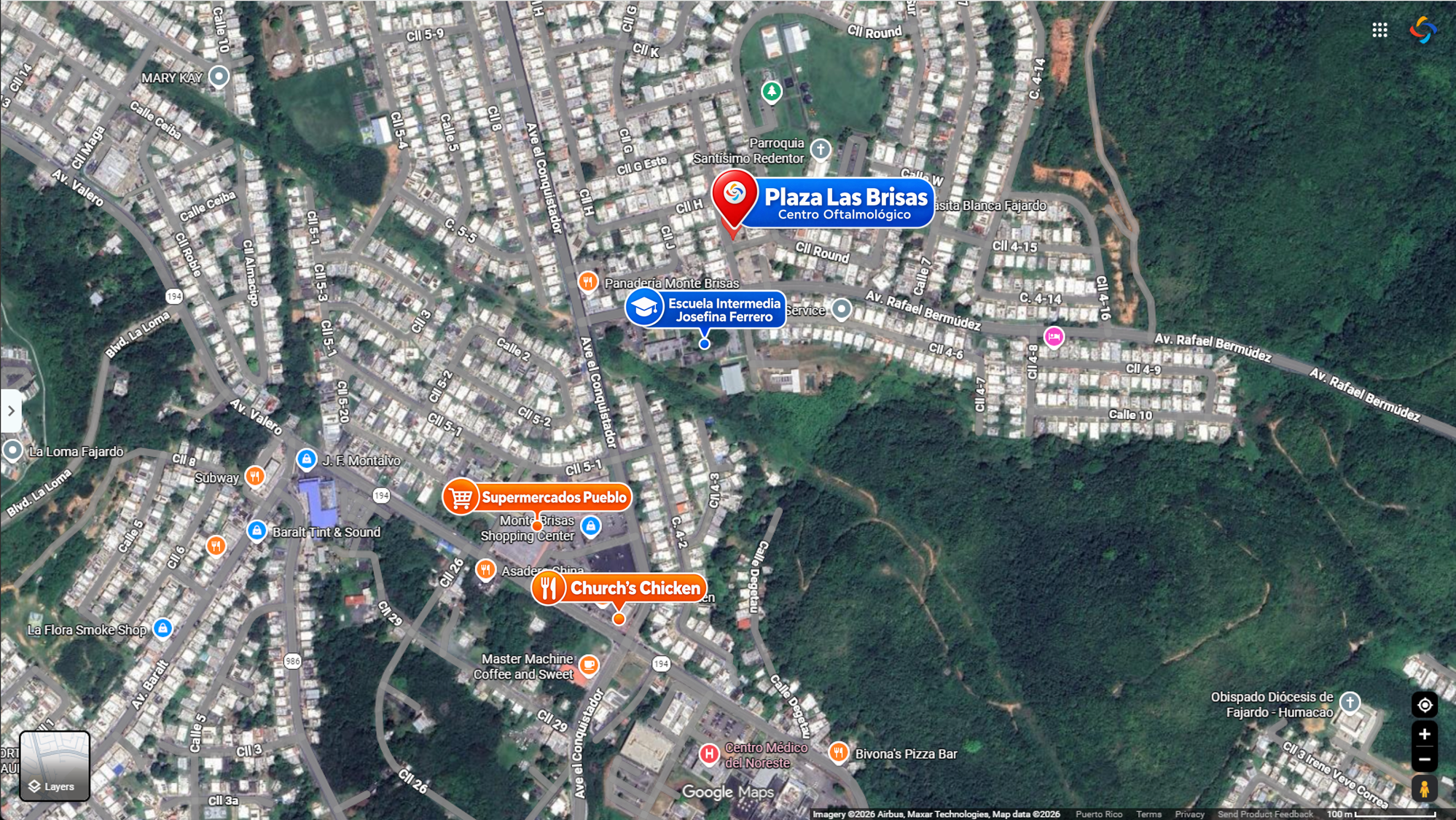 Mapa de referencia mostrando Plaza Las Brisas, Centro Oftalmológico Metropolitano y puntos cercanos en Fajardo